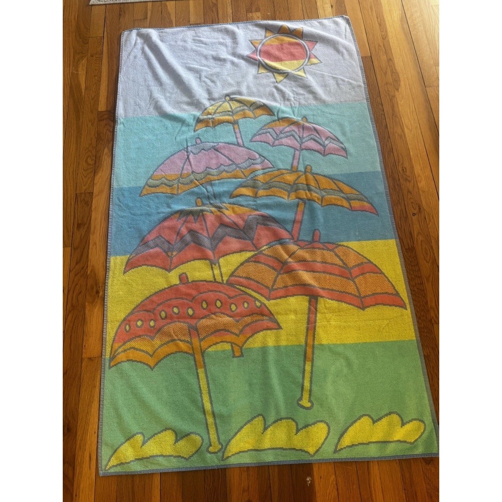 Vintage Terrisol Cotton Pool Towel Umbrellas Sunny‎ Beach Day Colorful 36x61